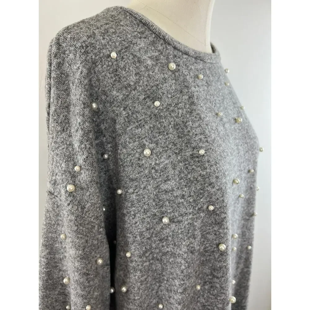 ZARA Trafaluc Gray Pearl Beaded 3/4 Sleeve Crew Neck Pullover Sweater Medium M